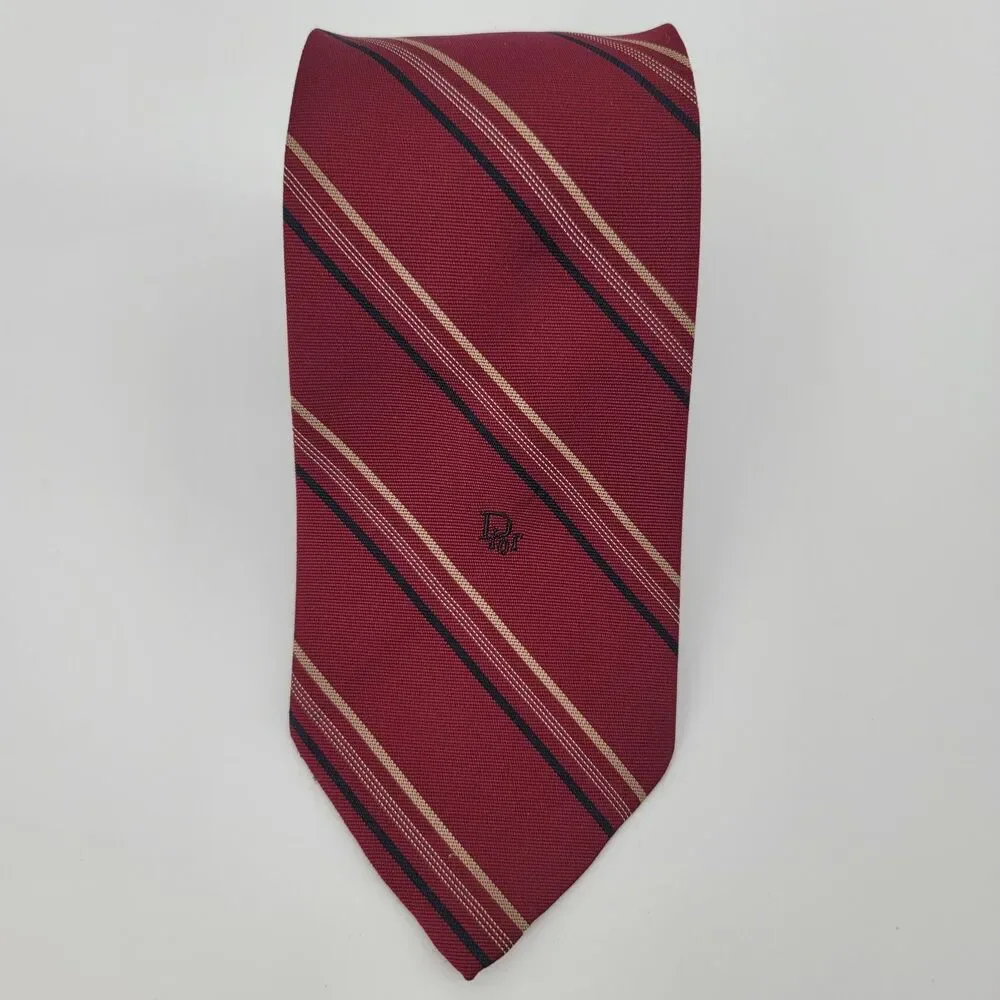 Vintage Christian Dior Silk Blend Striped Tie Burgundy Gold Navy Made In USA